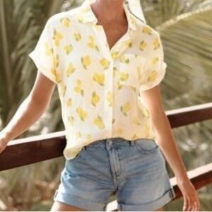 Garnet Hill Yellow Lemon Button-Up Linen T-Shirt Women Size 10